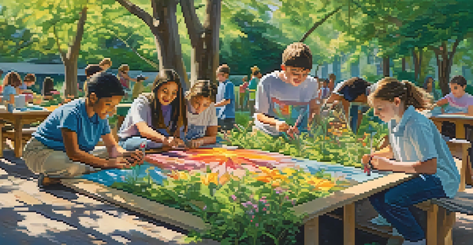A lively outdoor classroom where students of diverse backgrounds are collaborating on a project, surrounded by greenery and colorful flowers under sunlight.