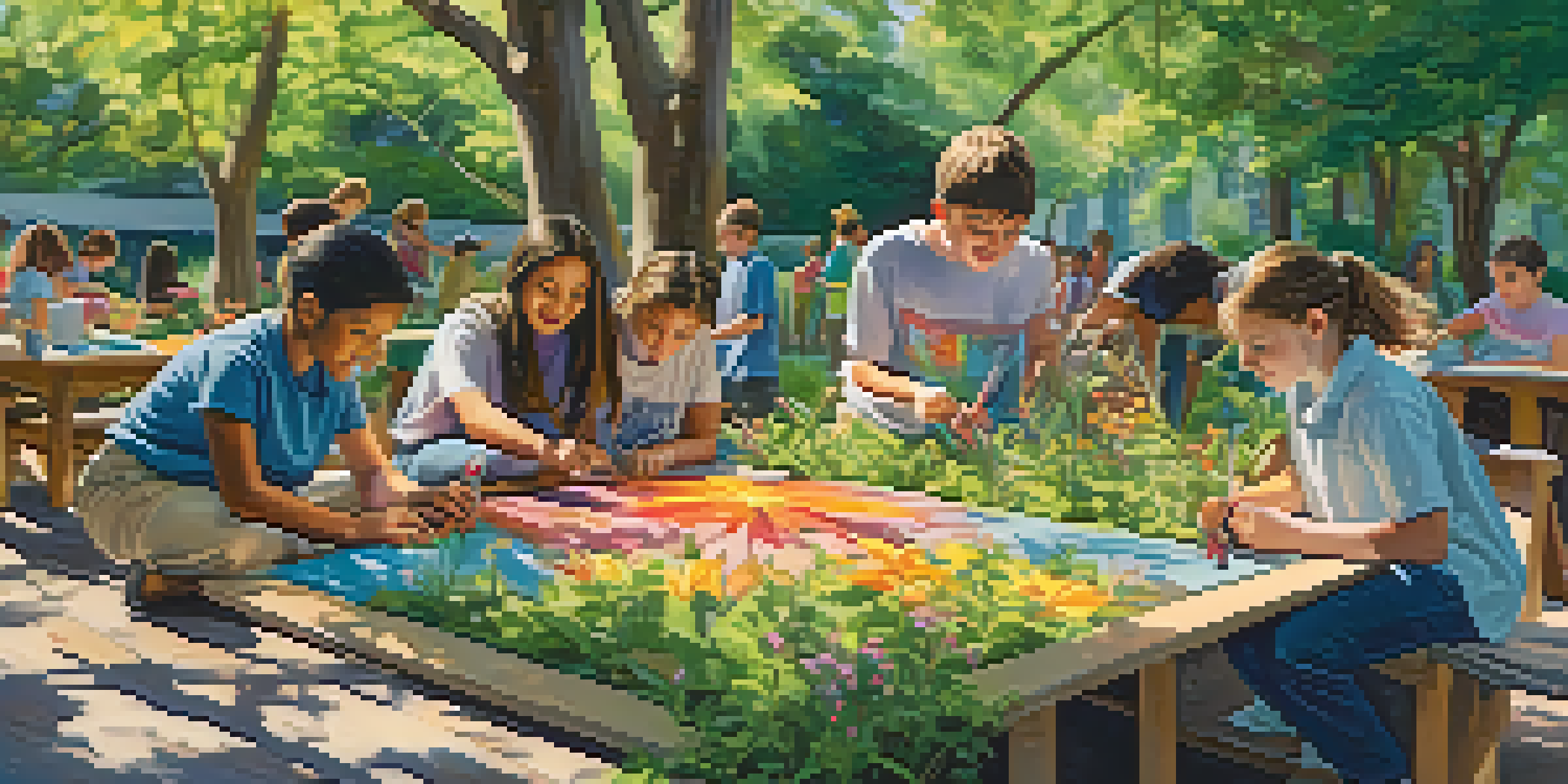 A lively outdoor classroom where students of diverse backgrounds are collaborating on a project, surrounded by greenery and colorful flowers under sunlight.