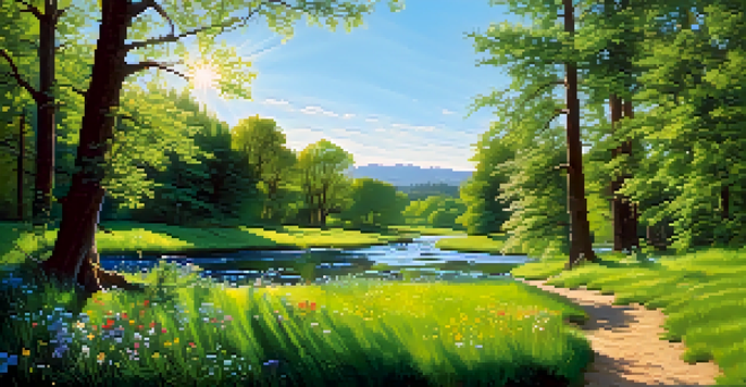 A peaceful meadow filled with colorful wildflowers, a stream, and sunlight filtering through trees.