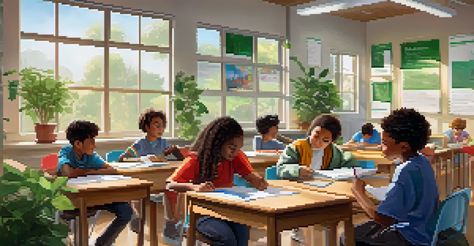 A vibrant classroom where students of different backgrounds are collaborating on a project, surrounded by educational materials and bright sunlight.