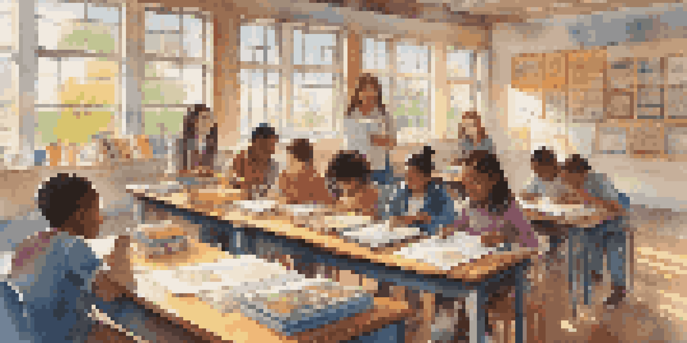 A diverse classroom with students of different ethnicities working together on a project, bright sunlight filtering through the windows.