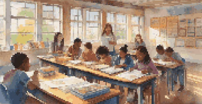 A diverse classroom with students of different ethnicities working together on a project, bright sunlight filtering through the windows.