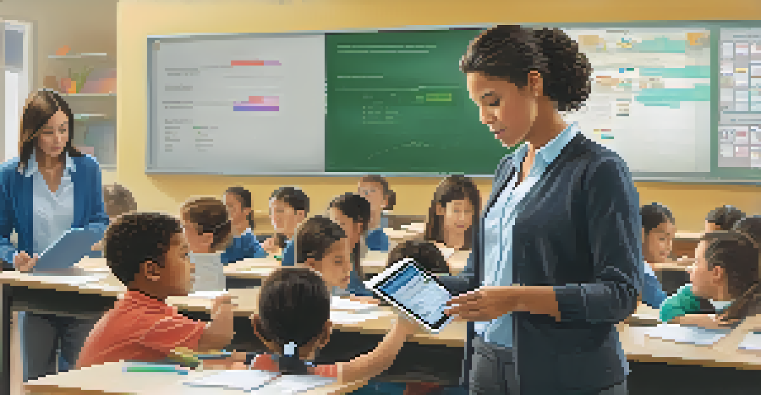 A teacher using a tablet to analyze student data, surrounded by engaged students in a tech-equipped classroom.