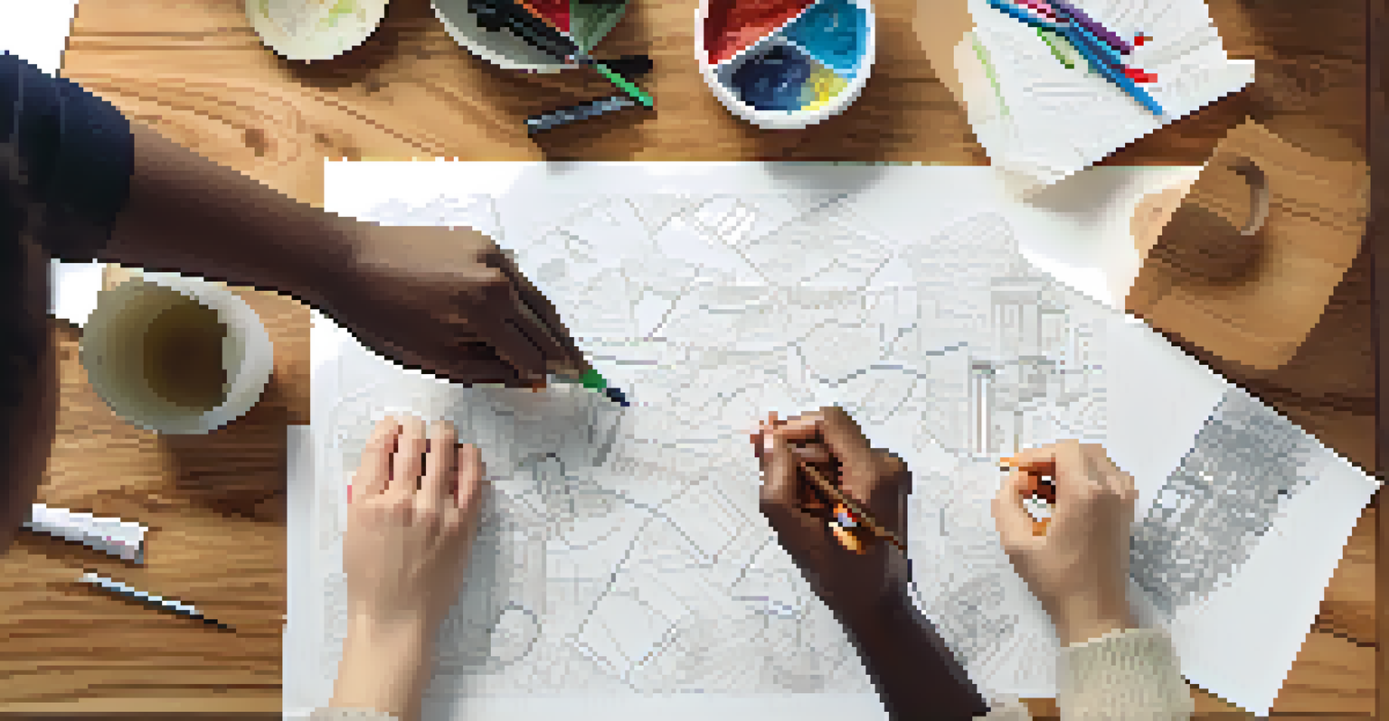Close-up of diverse hands collaborating on a project, sketching ideas on a large sheet of paper.