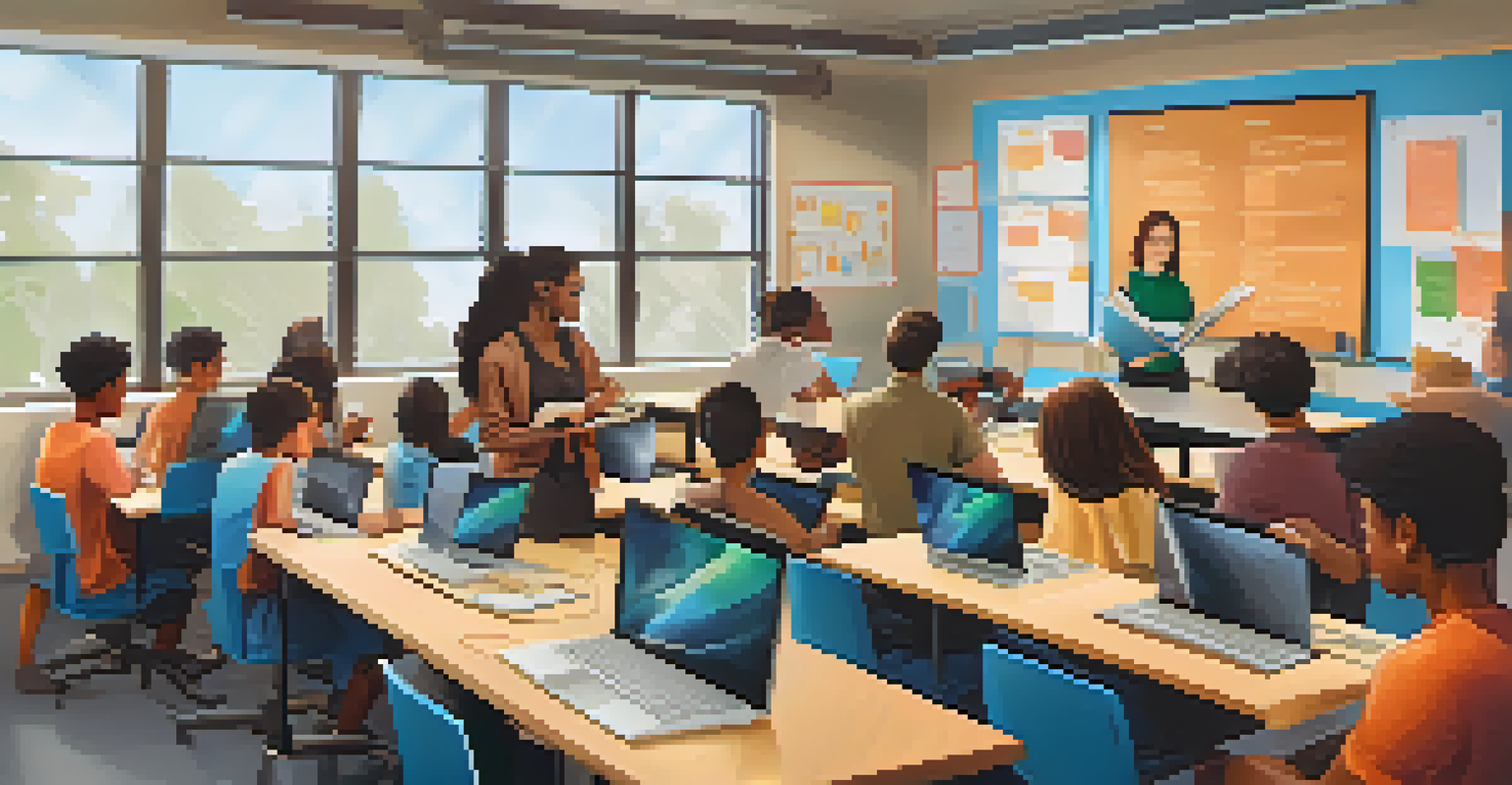 An instructor guiding students in a collaborative project in a modern classroom with motivational decor.