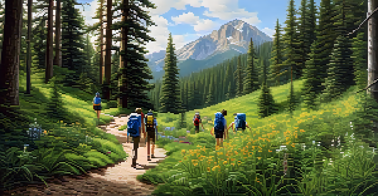Students hiking along a scenic forest trail lined with trees and wildflowers, exploring nature with backpacks and observation tools.