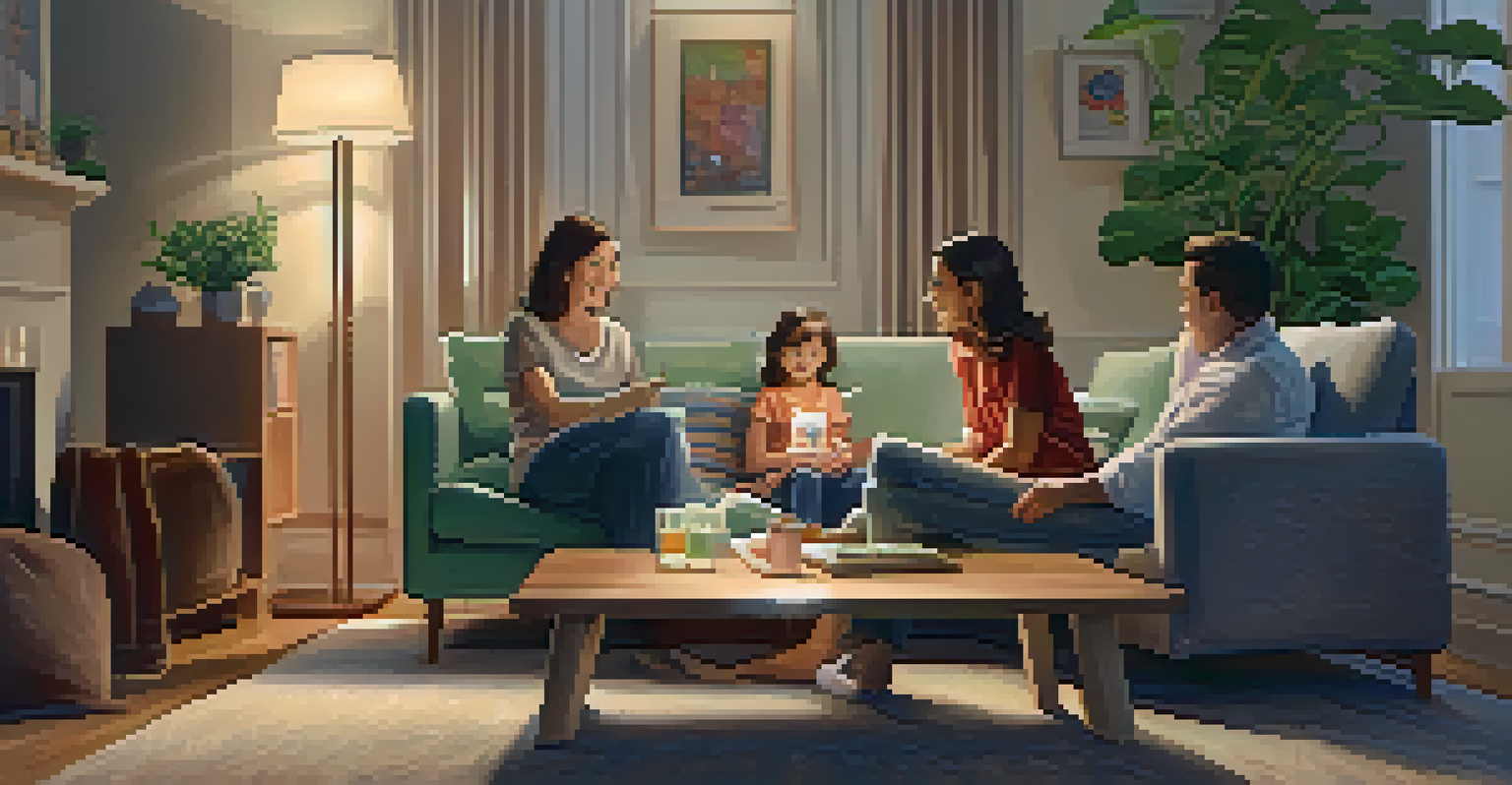 A parent and child sitting in a cozy living room discussing feelings, with the child holding an emotion card and the parent showing understanding, highlighted by warm lighting and a homely decor.