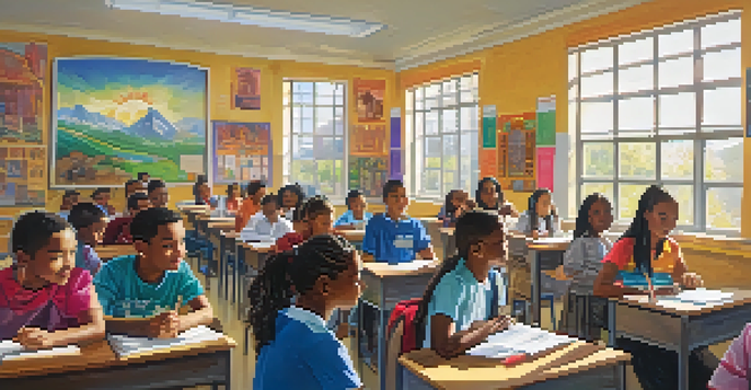 A diverse group of students in a lively classroom, engaging in discussions with cultural posters on the walls and sunlight illuminating the space.