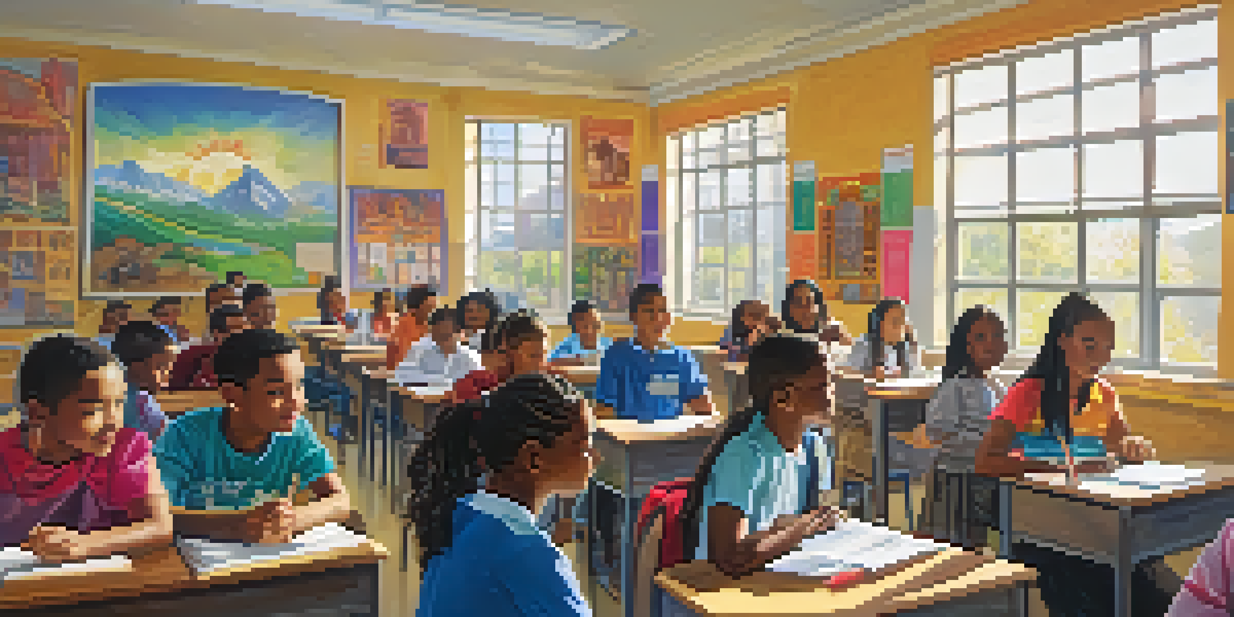 A diverse group of students in a lively classroom, engaging in discussions with cultural posters on the walls and sunlight illuminating the space.
