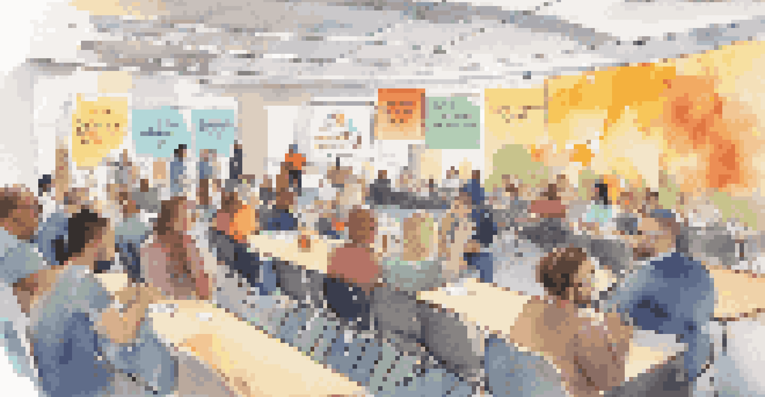 Educators and industry professionals networking in a school auditorium, discussing experiential learning with colorful posters in the background.