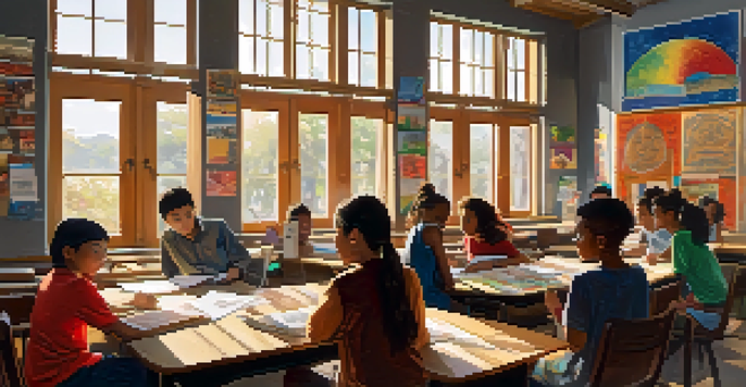 A diverse group of students collaborating on a project in a colorful classroom filled with cultural decorations and sunlight.