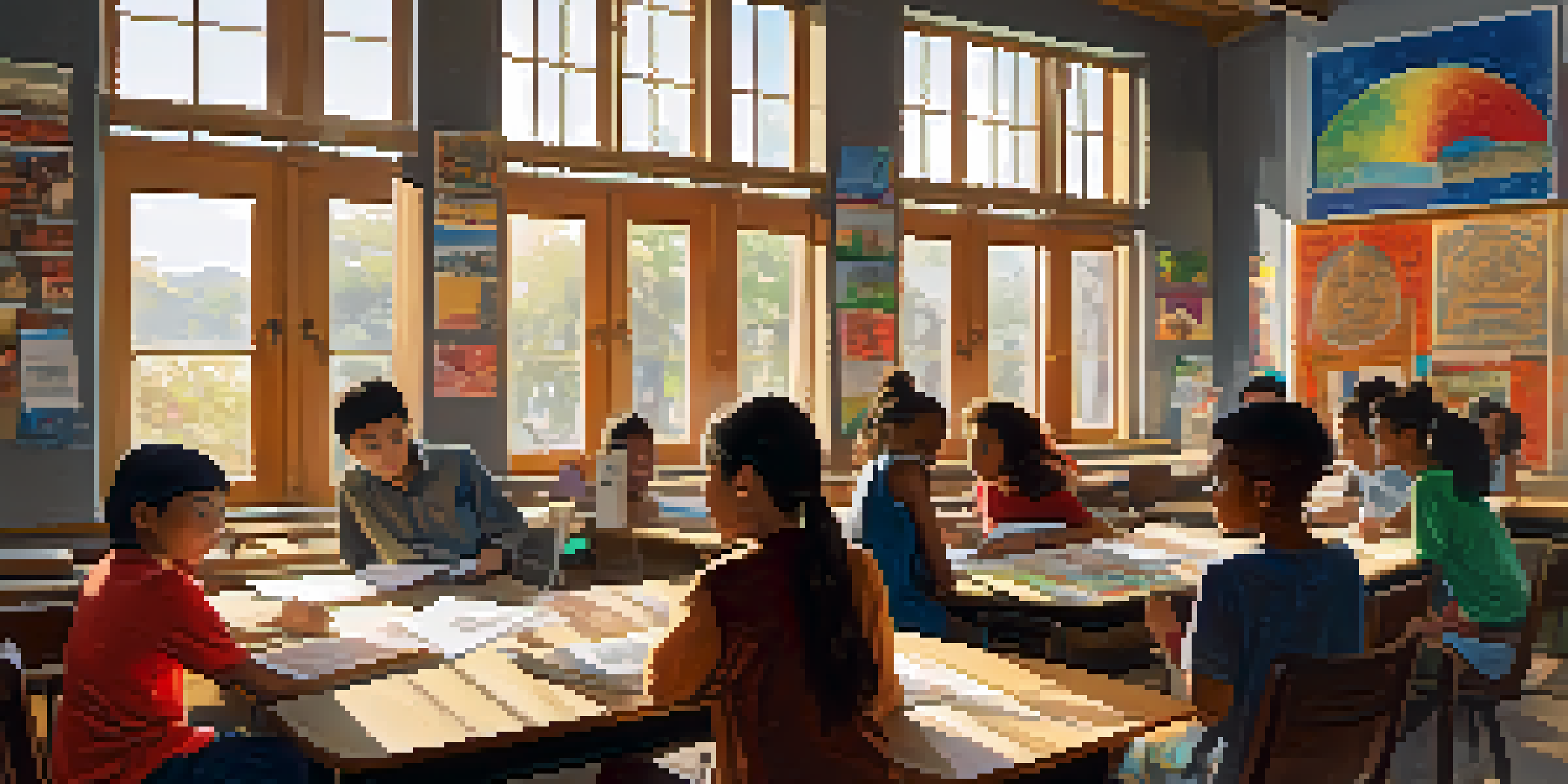 A diverse group of students collaborating on a project in a colorful classroom filled with cultural decorations and sunlight.