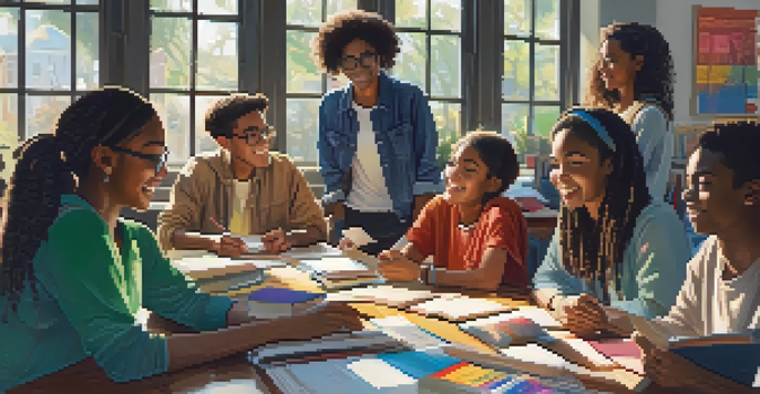 A group of diverse students actively participating in a study session, sharing ideas and collaborating around a table filled with educational materials.