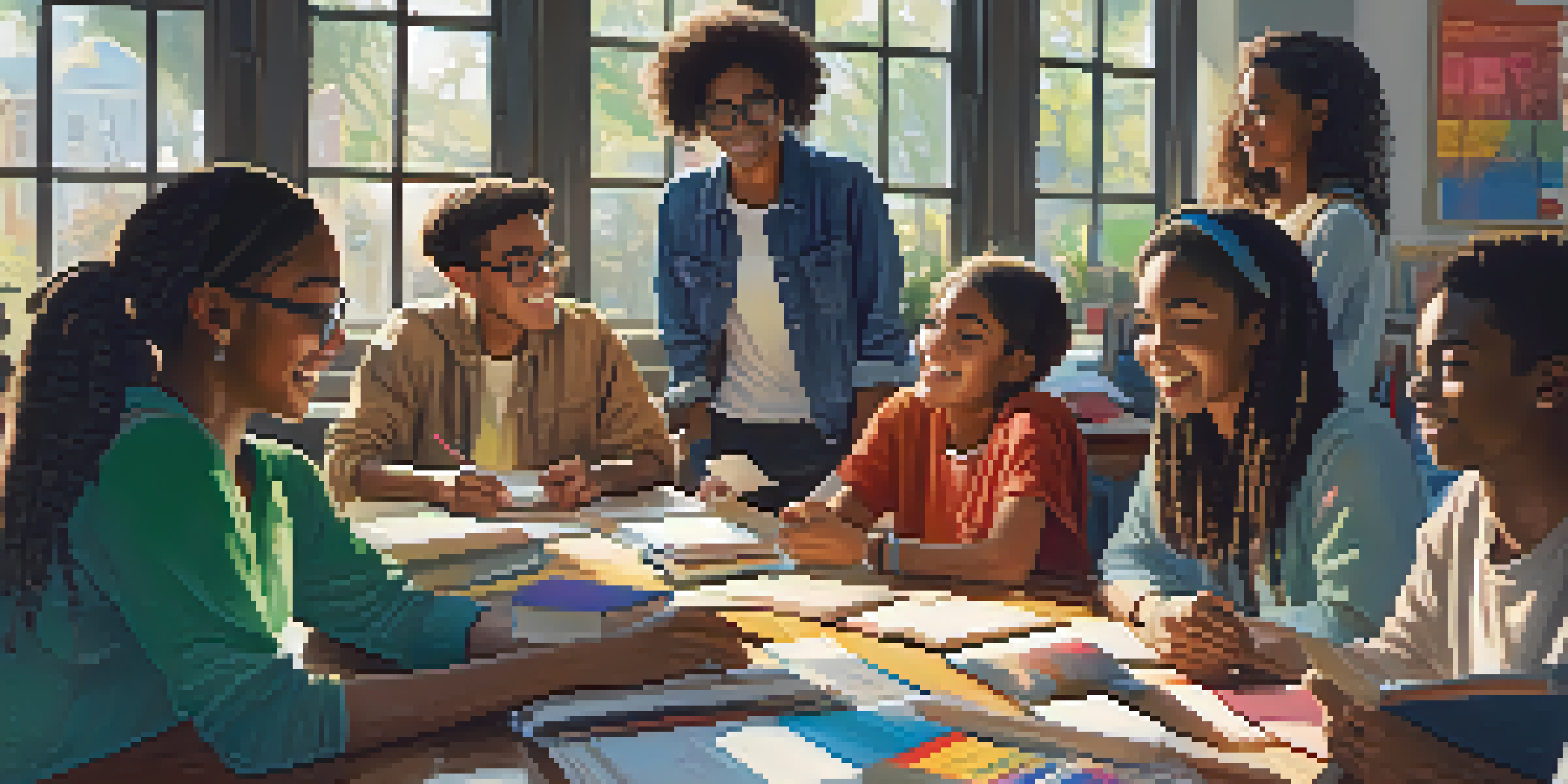 A group of diverse students actively participating in a study session, sharing ideas and collaborating around a table filled with educational materials.