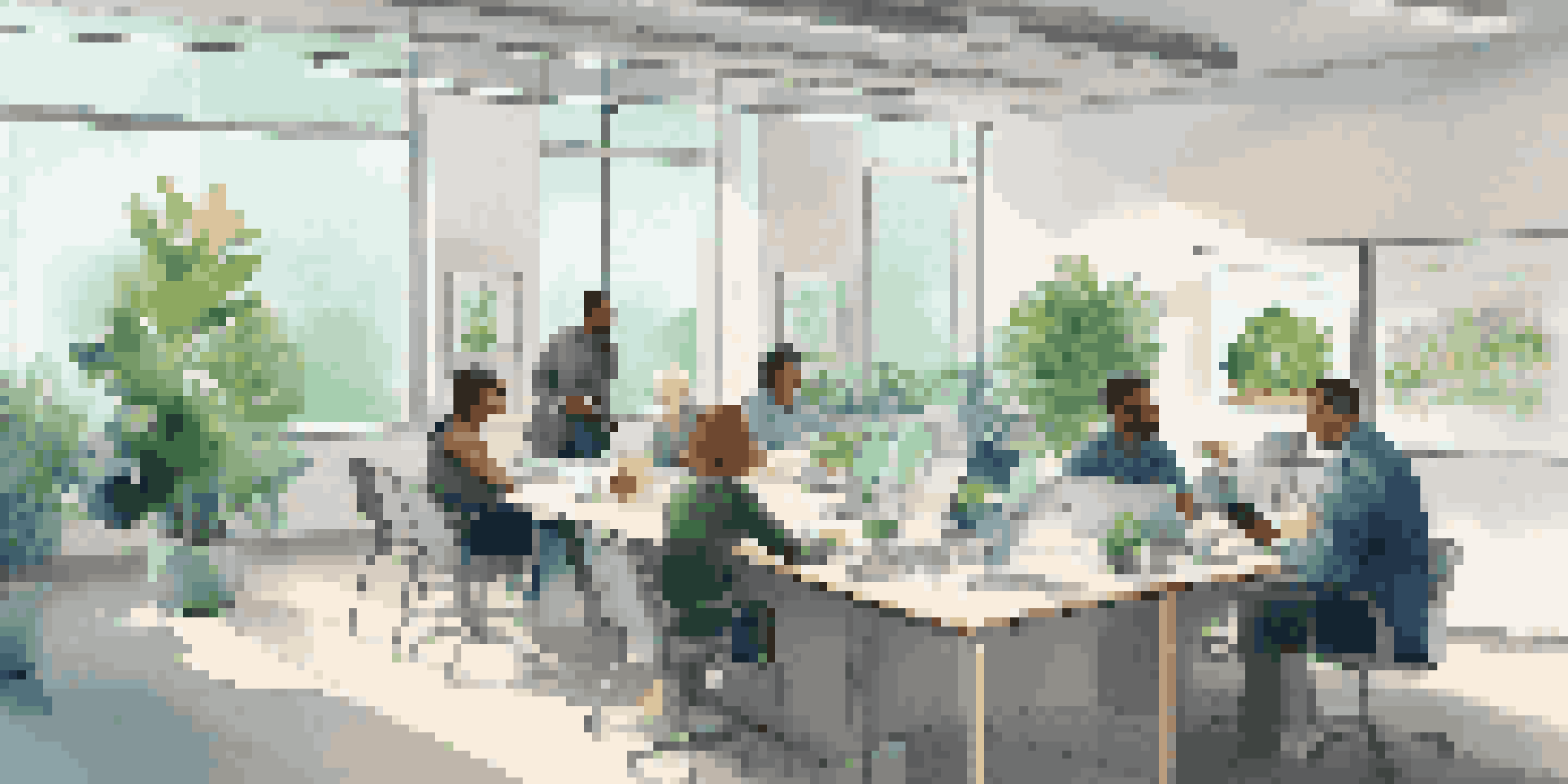 A diverse group of professionals participating in a microlearning session in a modern office, with natural light and interactive discussions.