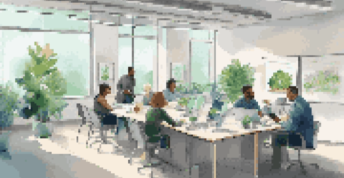 A diverse group of professionals participating in a microlearning session in a modern office, with natural light and interactive discussions.