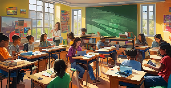 A colorful classroom with students participating in different learning activities using various media.