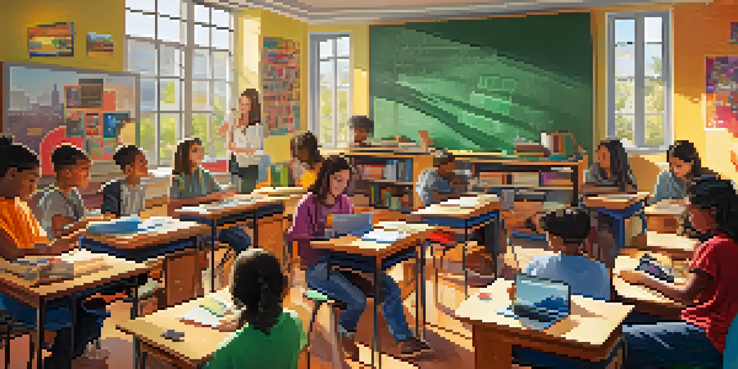 A colorful classroom with students participating in different learning activities using various media.