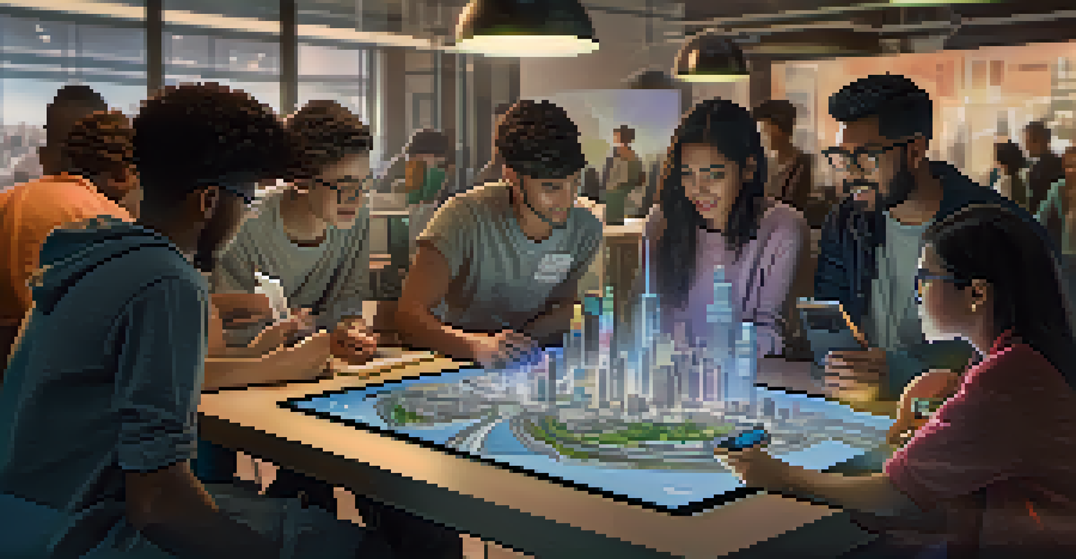 A group of students working together on an AR project, creating a virtual city model with holographic images of buildings around them.