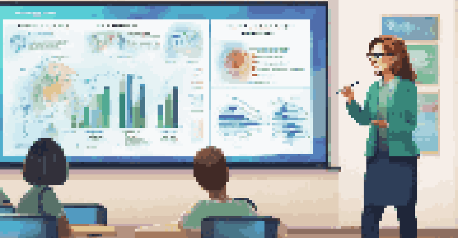 A teacher presenting information with a multimedia display in a modern classroom, engaging students with technology.