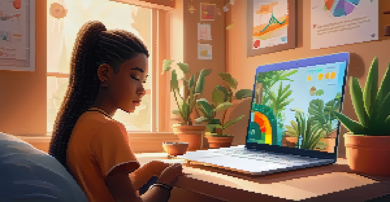 A student engaged with an adaptive learning platform on a laptop in a cozy study corner filled with plants and soft cushions.