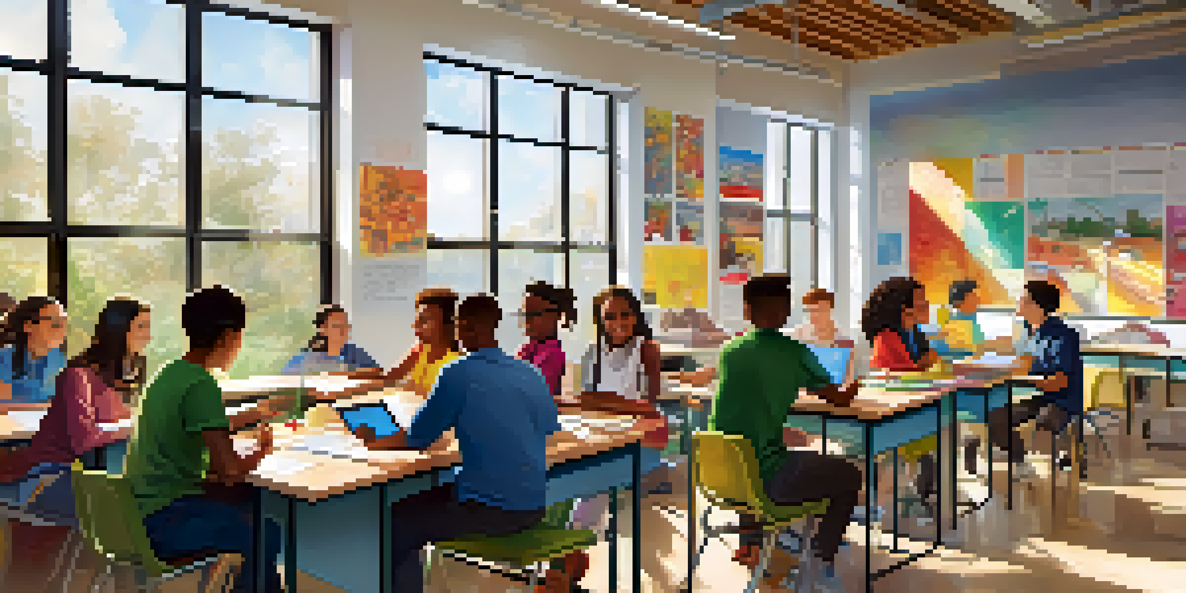 A diverse group of students working together in a bright classroom, collaborating on a project with laptops and colorful educational materials.