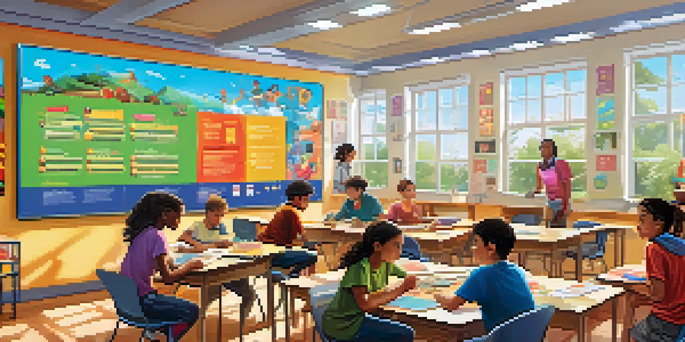 A lively classroom with students participating in gamified learning activities, surrounded by colorful decorations and a digital scoreboard.