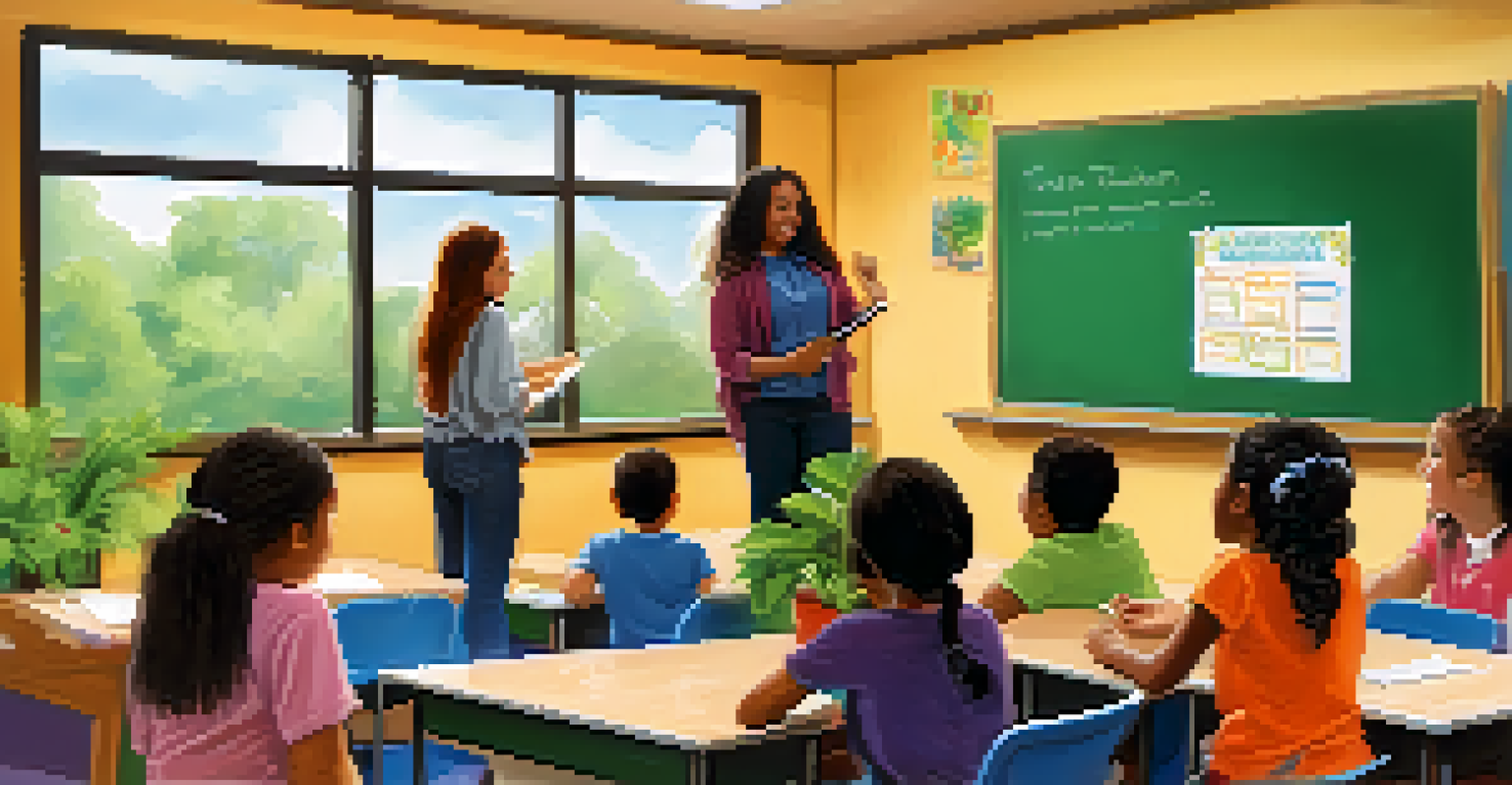 A vibrant classroom with a teacher guiding students in a community project, featuring a whiteboard and educational materials.