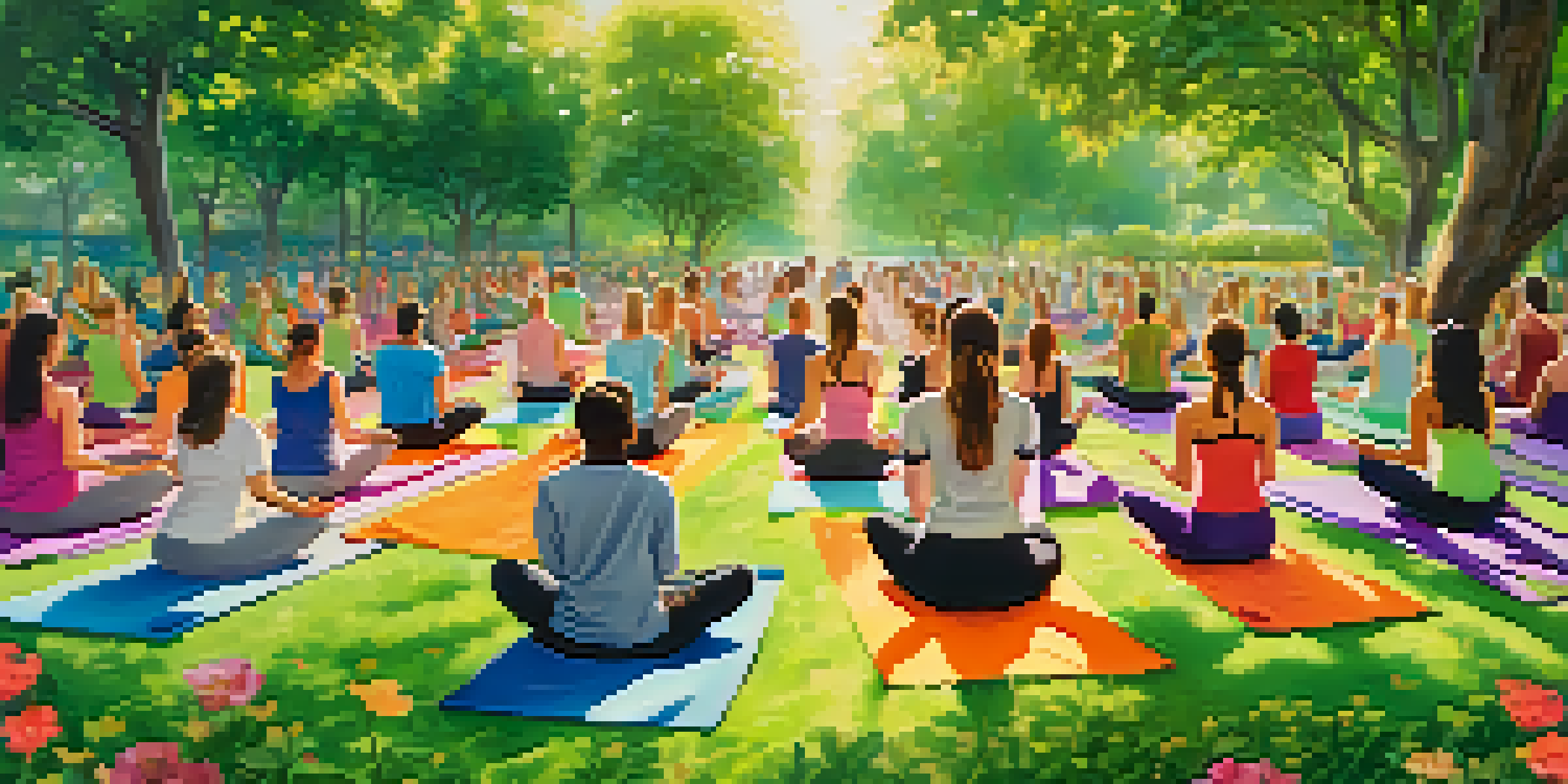 A group of friends practicing yoga outdoors in a park, surrounded by greenery and flowers.