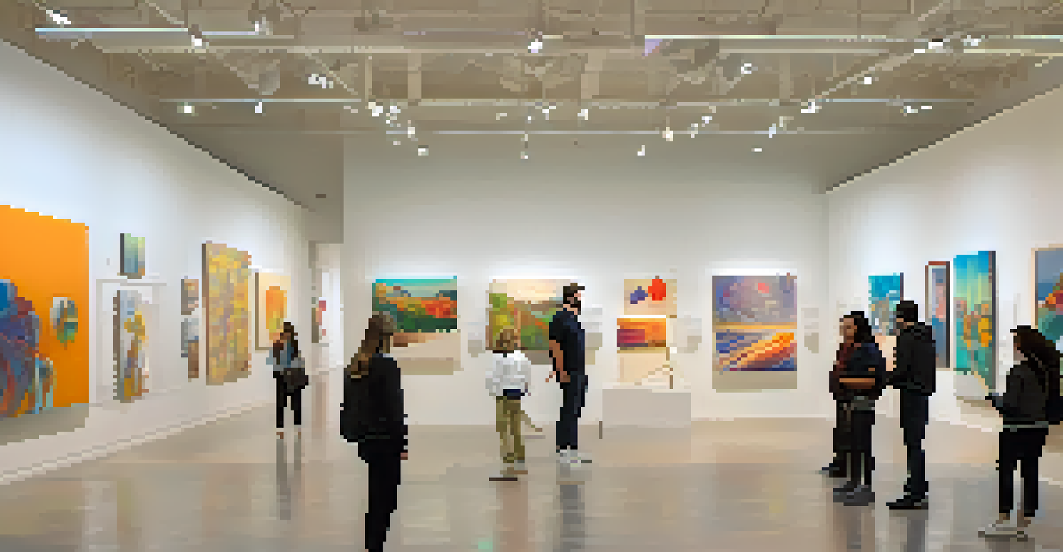 An art exhibition showcasing students' artwork in a gallery, with various colorful pieces displayed and attendees admiring the creations.