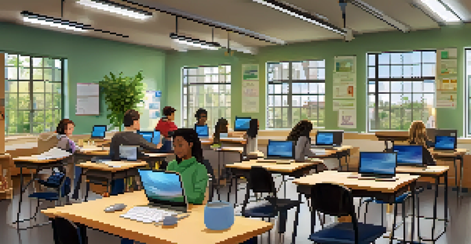 A blended learning classroom with students using laptops and tablets, and a teacher facilitating a discussion, illuminated by natural light.