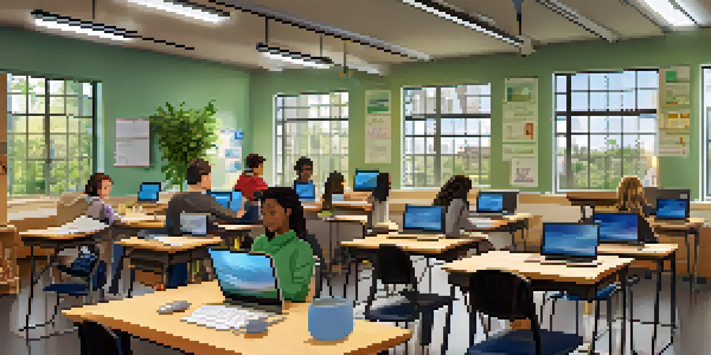 A blended learning classroom with students using laptops and tablets, and a teacher facilitating a discussion, illuminated by natural light.