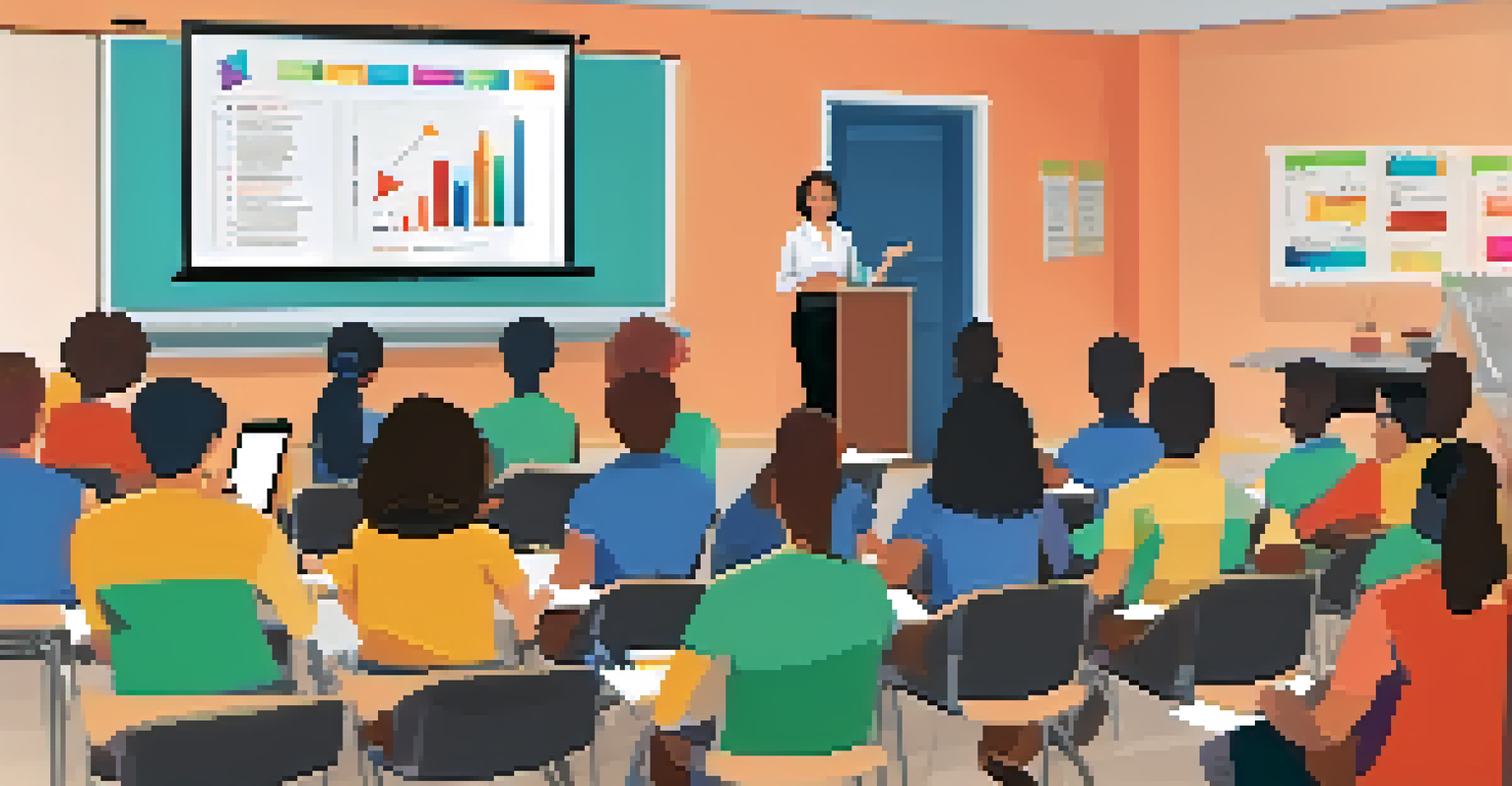 A teacher presenting a professional development session in a modern classroom with a projector and engaged educators taking notes.