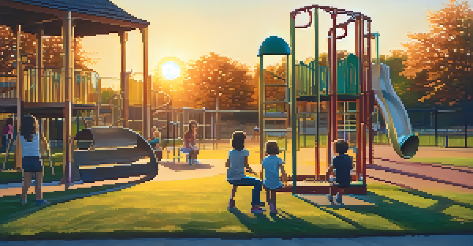 Children playing in a playground during sunset, with a child interacting with a parent, surrounded by colorful equipment and joyful expressions.