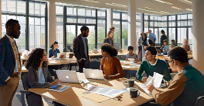 A group of diverse university students and faculty engaged in a crisis management workshop in a bright, modern campus setting.
