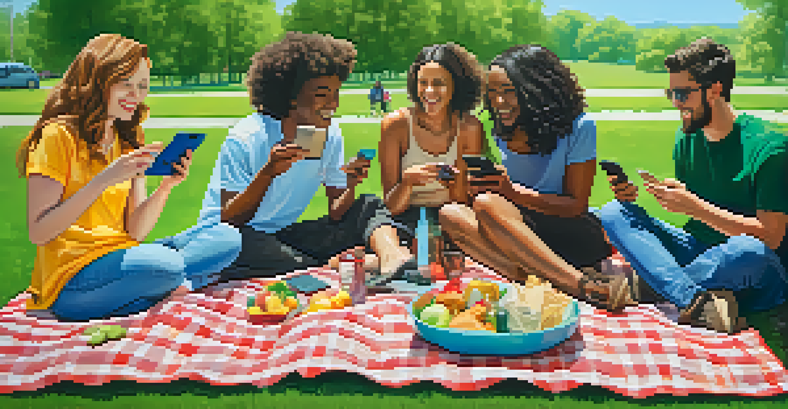 A group of friends in a park sharing a joyful moment while using their smartphones.