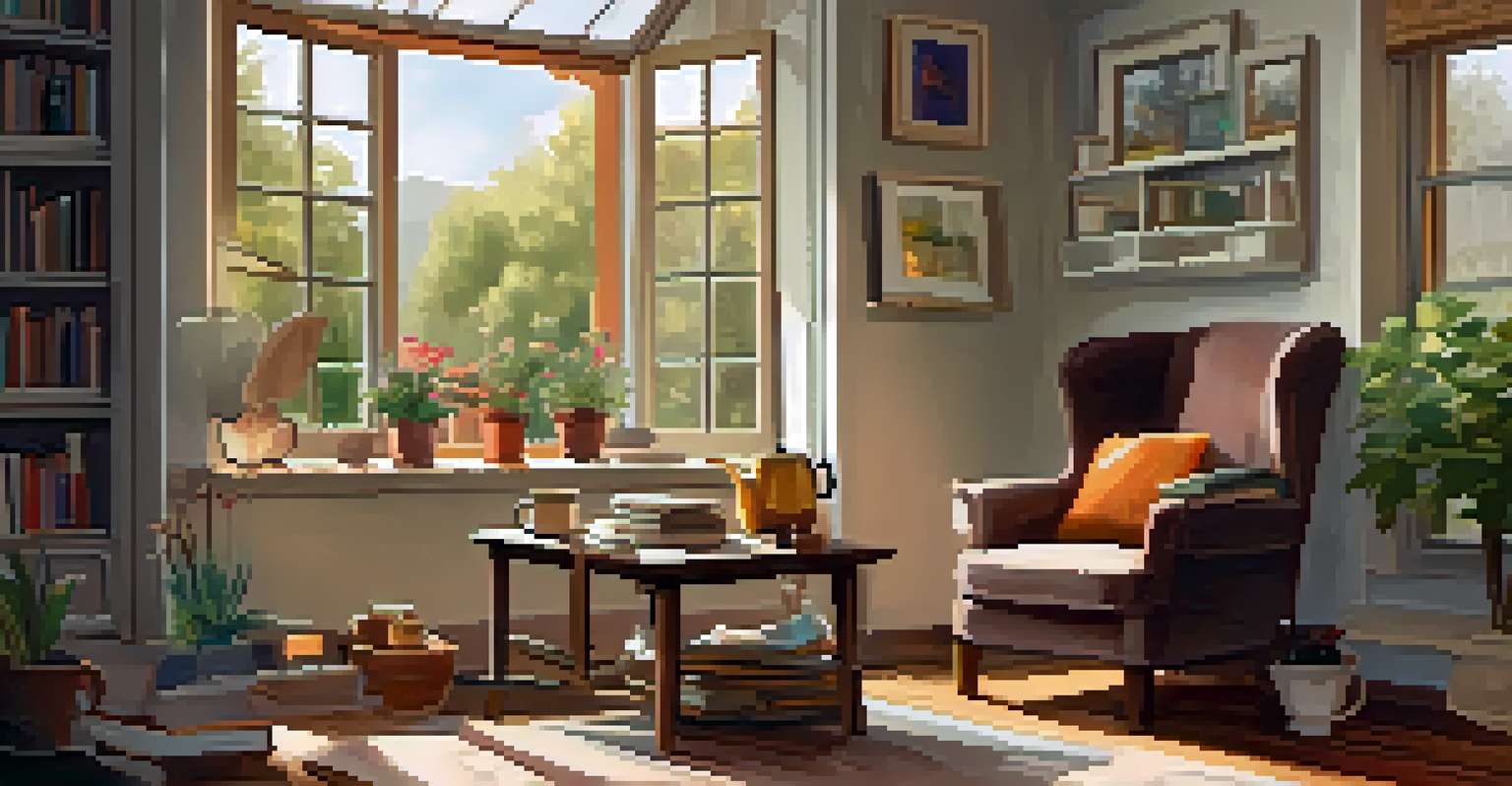 A cozy living room with an armchair, books, and art supplies, where a person is journaling by a window overlooking a garden.