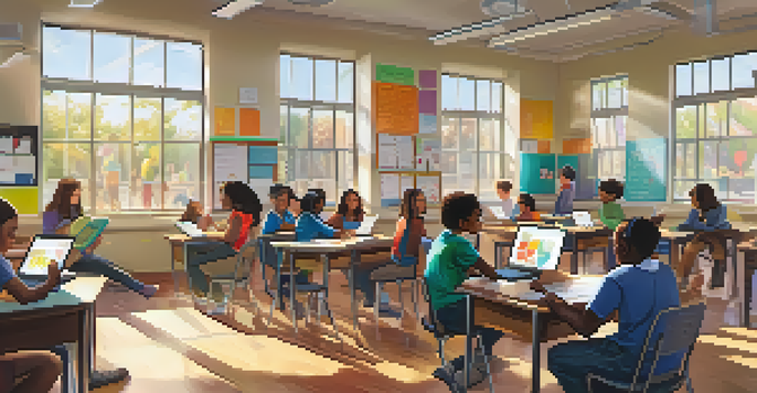 A classroom with students using laptops and collaborating in groups, with a teacher present and sunlight coming through the windows.