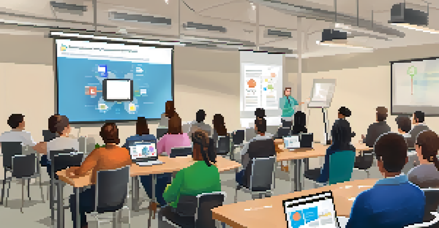 A group of teachers in a workshop learning about mobile learning tools, engaging with technology and exchanging ideas in a collaborative environment.