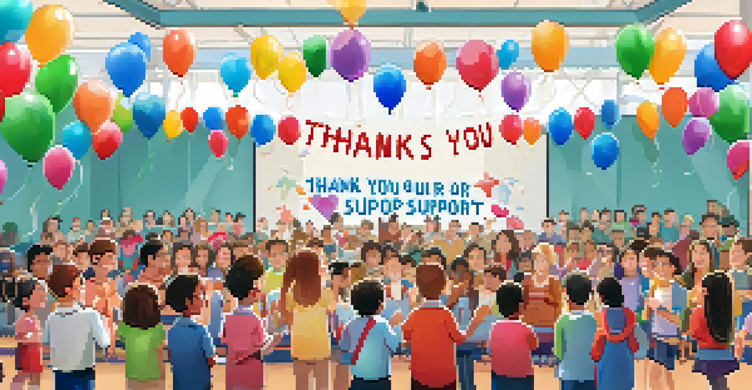 A school celebratory event with educators acknowledging community contributions, featuring a banner, balloons, and parents clapping.