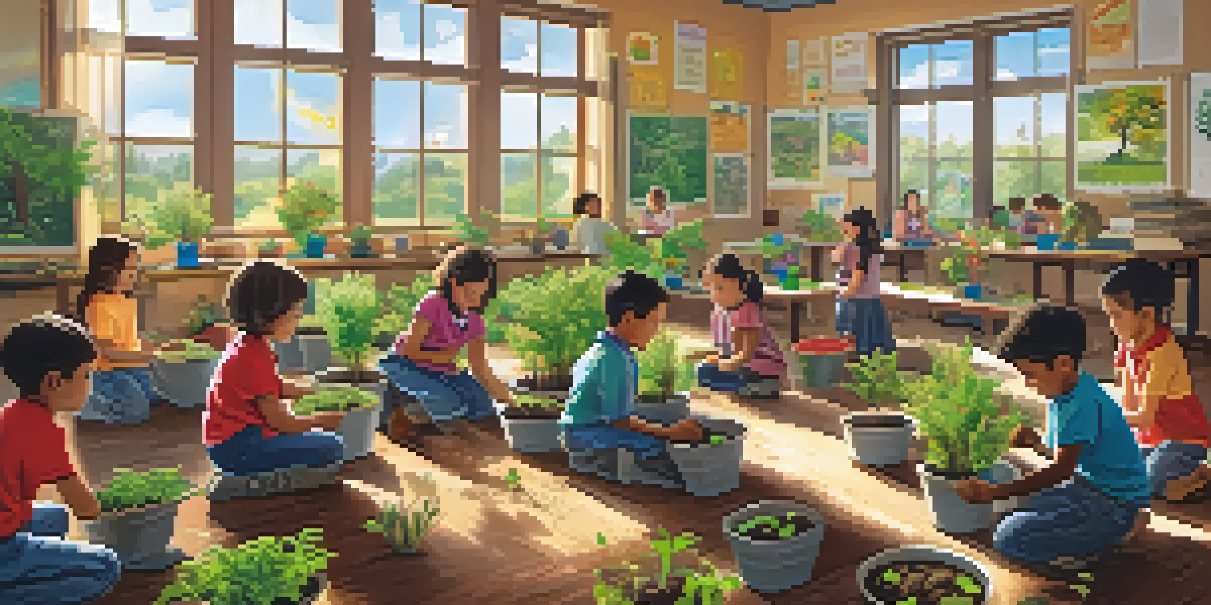 A lively classroom where children are planting trees, showcasing teamwork and engagement in environmental education.