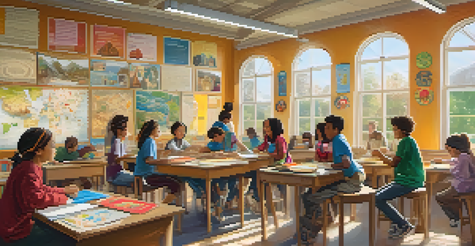 A colorful classroom with diverse students working together, surrounded by cultural decorations and bright natural light.