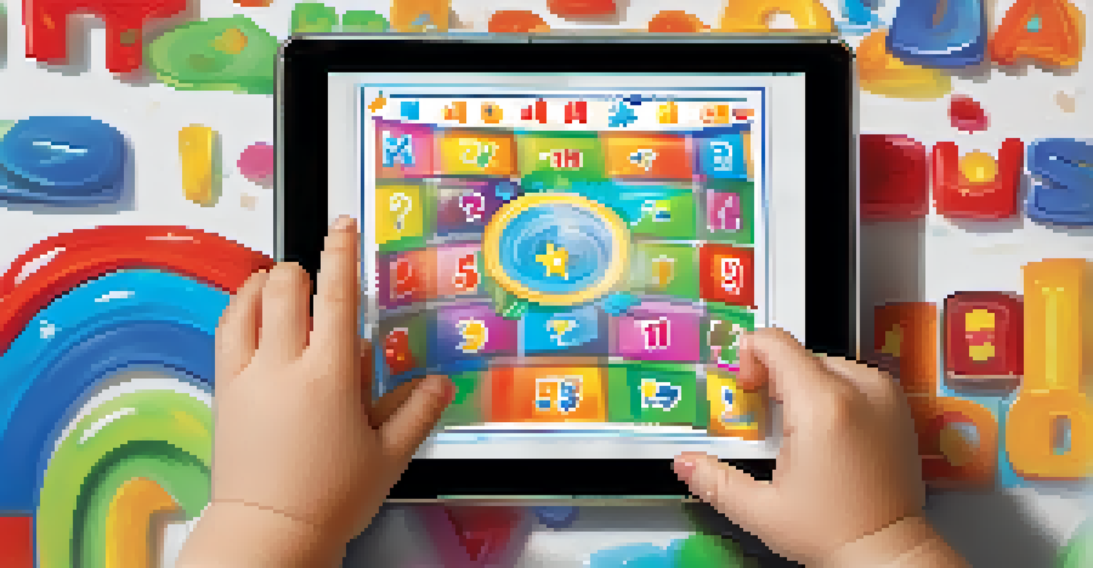 A close-up of a child's hands interacting with a touchscreen tablet, with colorful educational graphics visible on the screen.