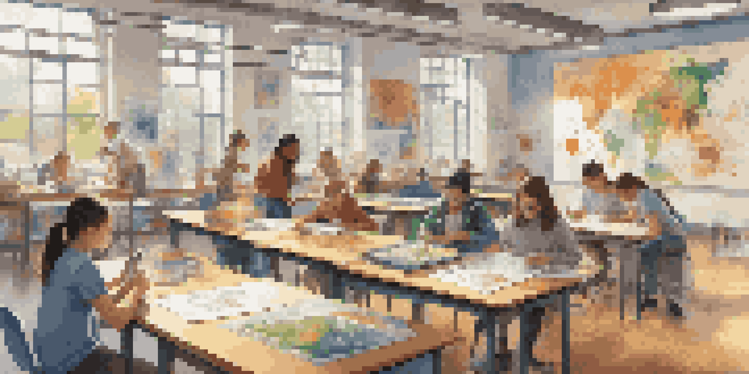 A lively classroom with students of different backgrounds working together on a project that blends science and art, surrounded by colorful educational materials.