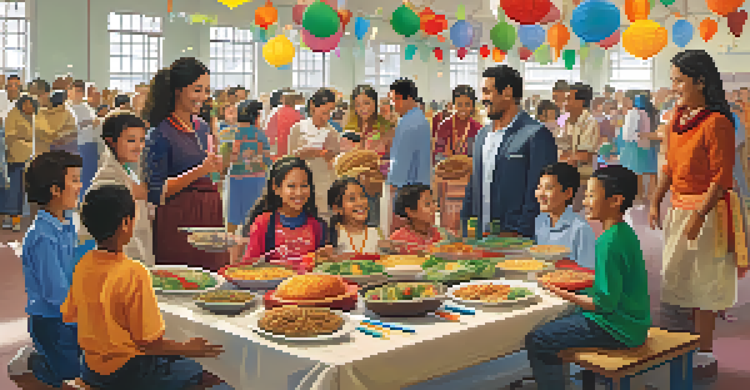 A vibrant school event showcasing families participating in cultural activities and sharing food, with colorful decorations and a sense of community.