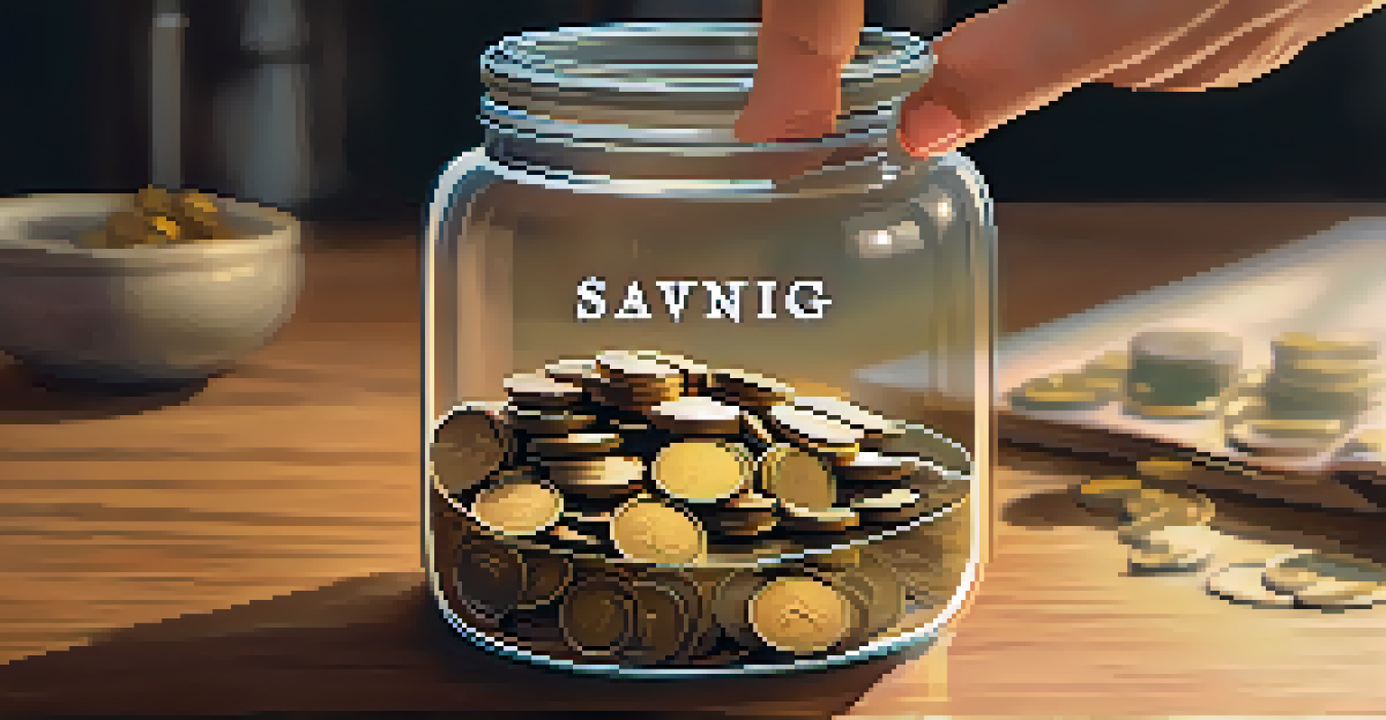 A hand adding coins to a jar labeled 'Savings', filled with coins, with a softly blurred background.