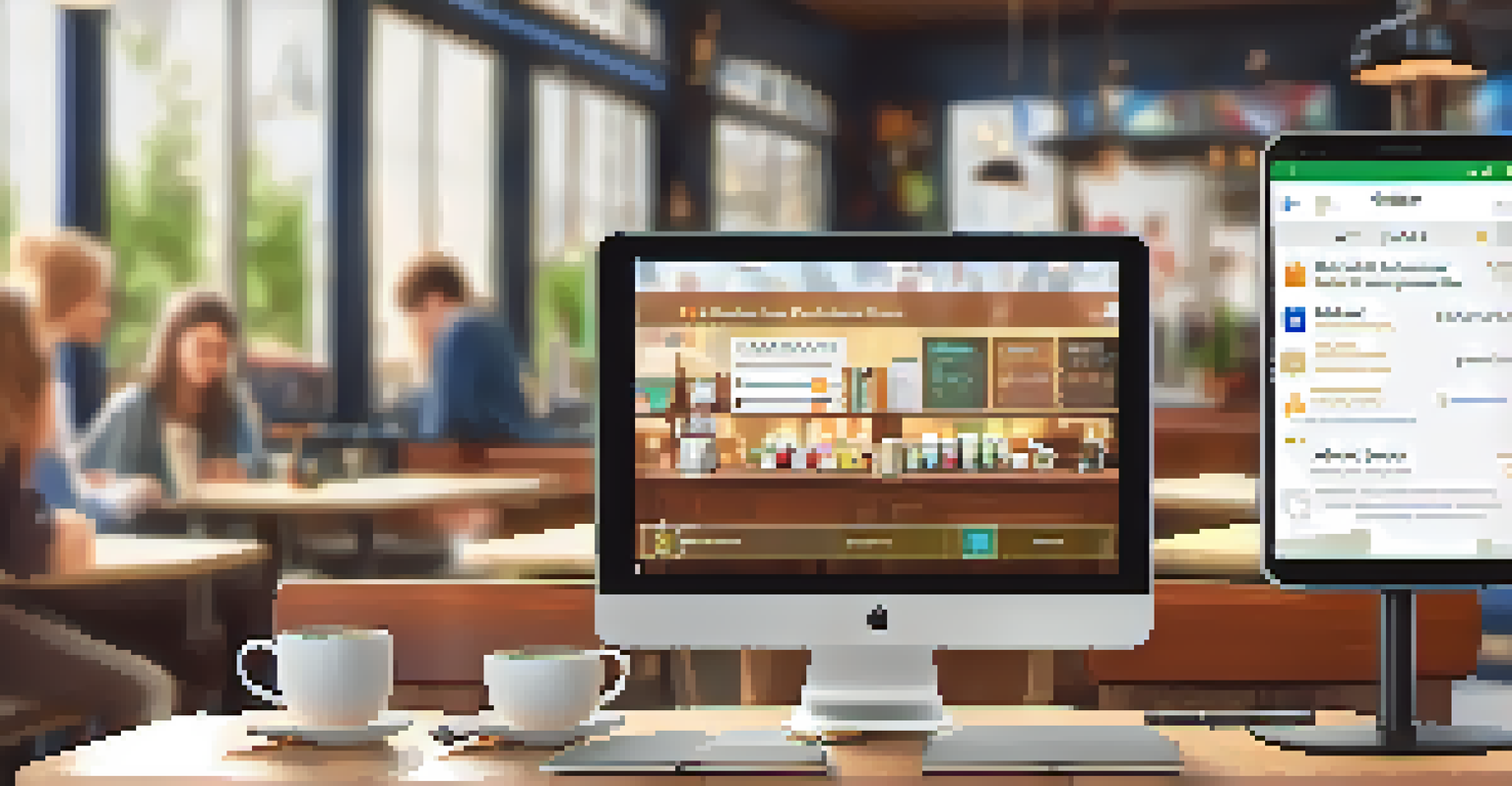 A close-up of a mobile app interface for gamified learning, set in a cozy coffee shop with a learner in the background.