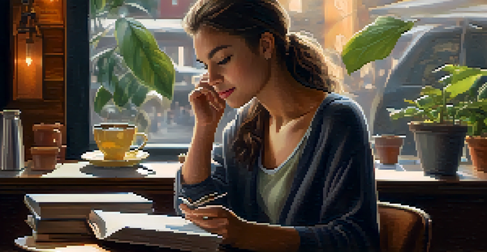 A young woman studying on her tablet in a cozy coffee shop with a cup of coffee beside her.