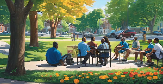 A community safety meeting in a park with diverse residents and police officers engaged in discussion under bright sunlight.