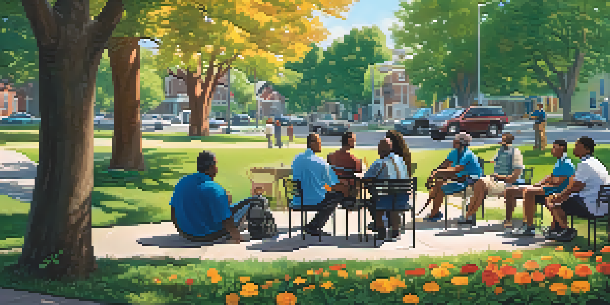 A community safety meeting in a park with diverse residents and police officers engaged in discussion under bright sunlight.